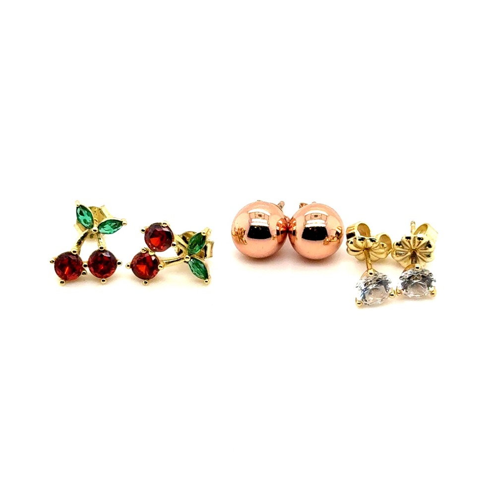 925 Sterling Silver Stud Earring Set Cherry CZ Rose Gold Ball 3 Pairs